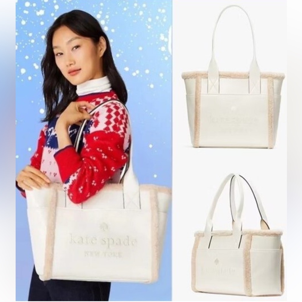 Kate Spade Large Cream Embroidered patent leather tote fur - NWT retails: $429